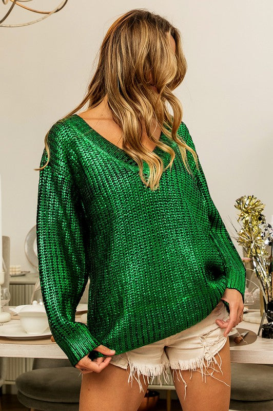 Metallic Knit V-neck Sweater {Emerald}