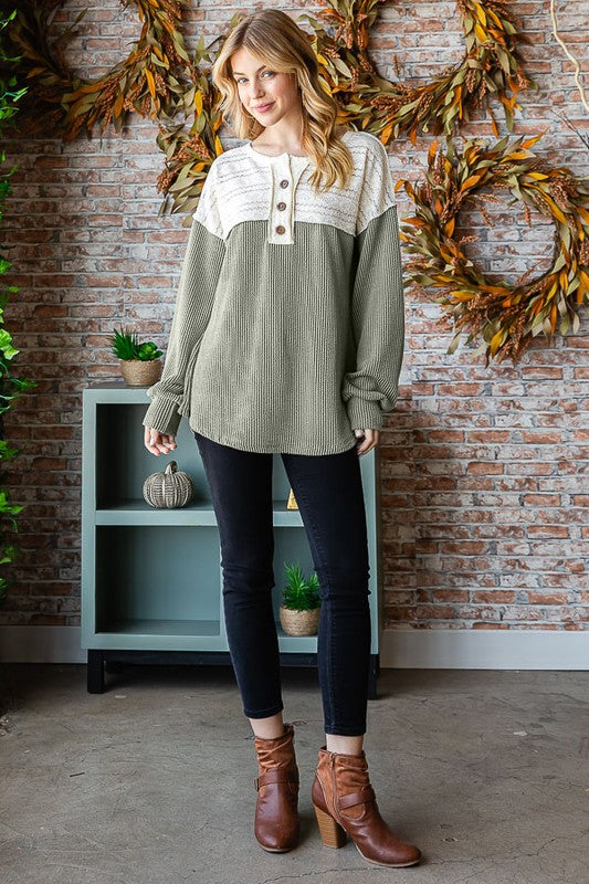 Lace Contrast Ribbed Henley {Olive}