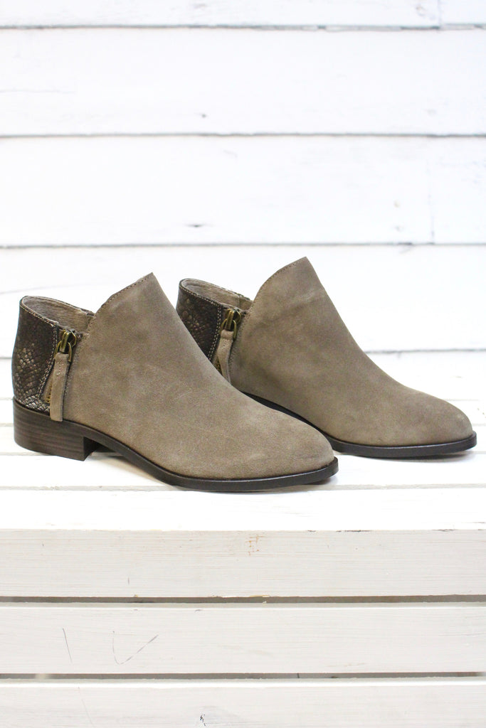 Very Volatile: Greyson Snake Embossed Suede Bootie {Taupe} - The Fair Lady Boutique - 4