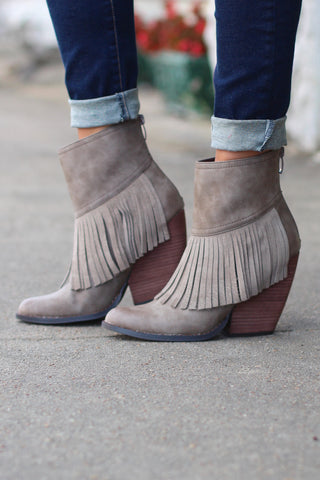Candy Fringe Front Suede Wedge Bootie {Taupe} - Size 5