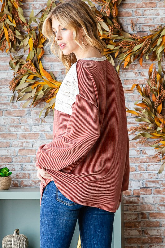Lace Contrast Ribbed Henley {Rust}