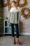 Lace Contrast Ribbed Henley {Olive}