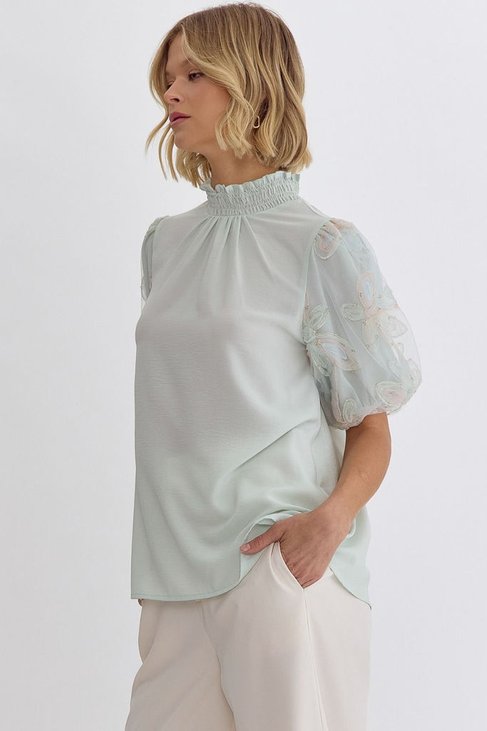 Floral Embroidered Sleeves Blouse {Mint}