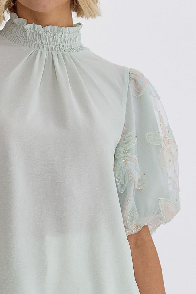 Floral Embroidered Sleeves Blouse {Mint}