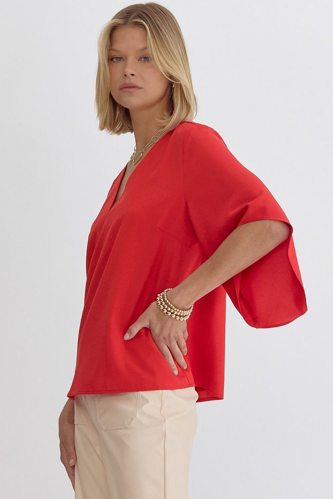 Solid Drape Sleeve Blouse {Red}