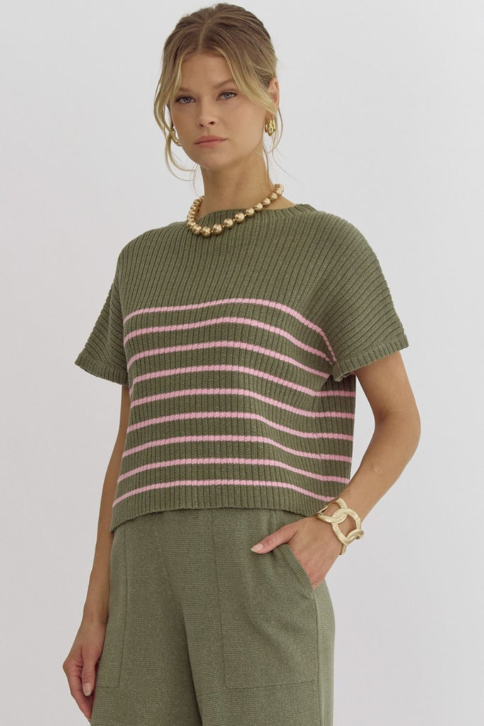 Striped Knit Short Sleeve Sweater {Olive}