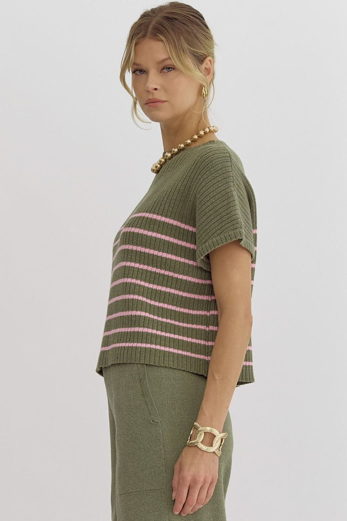 Striped Knit Short Sleeve Sweater {Olive}