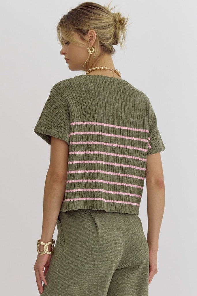 Striped Knit Short Sleeve Sweater {Olive}