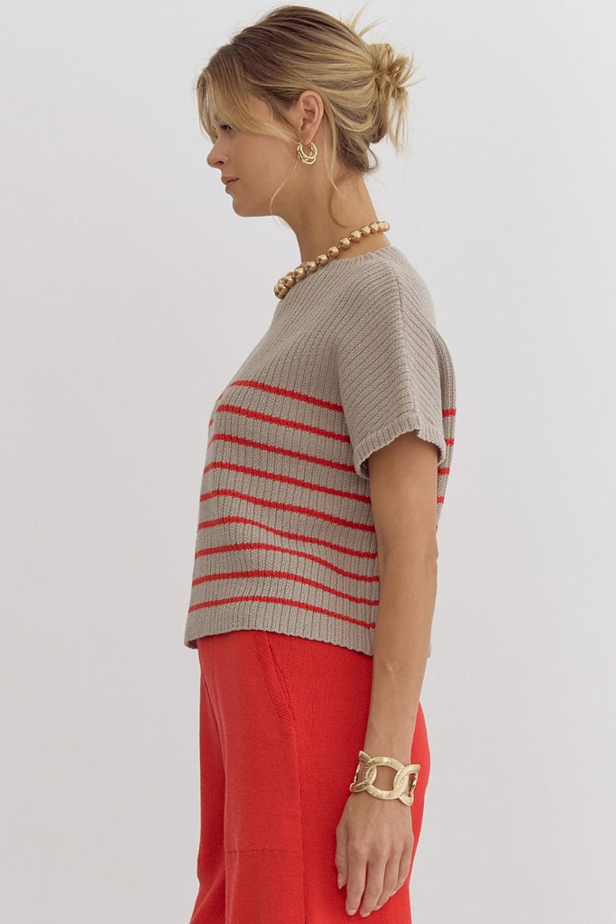 Striped Knit Short Sleeve Sweater {Red}