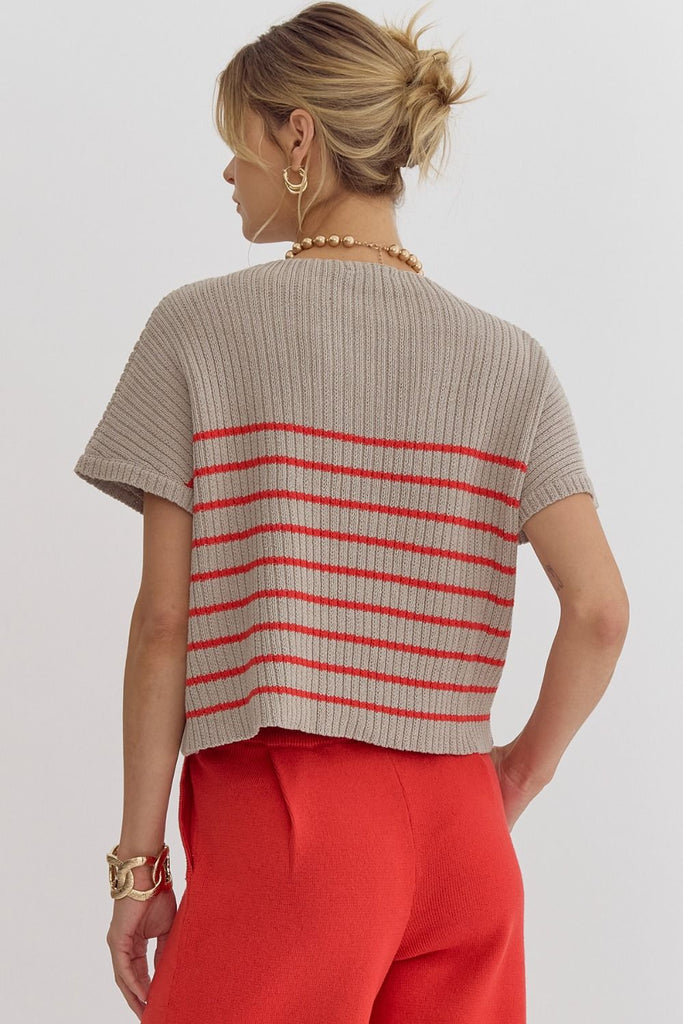 Striped Knit Short Sleeve Sweater {Red}