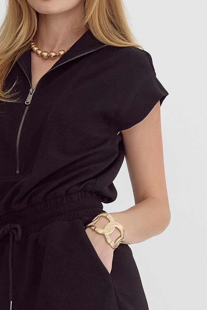 Ribbed Zip Up Romper {Black}