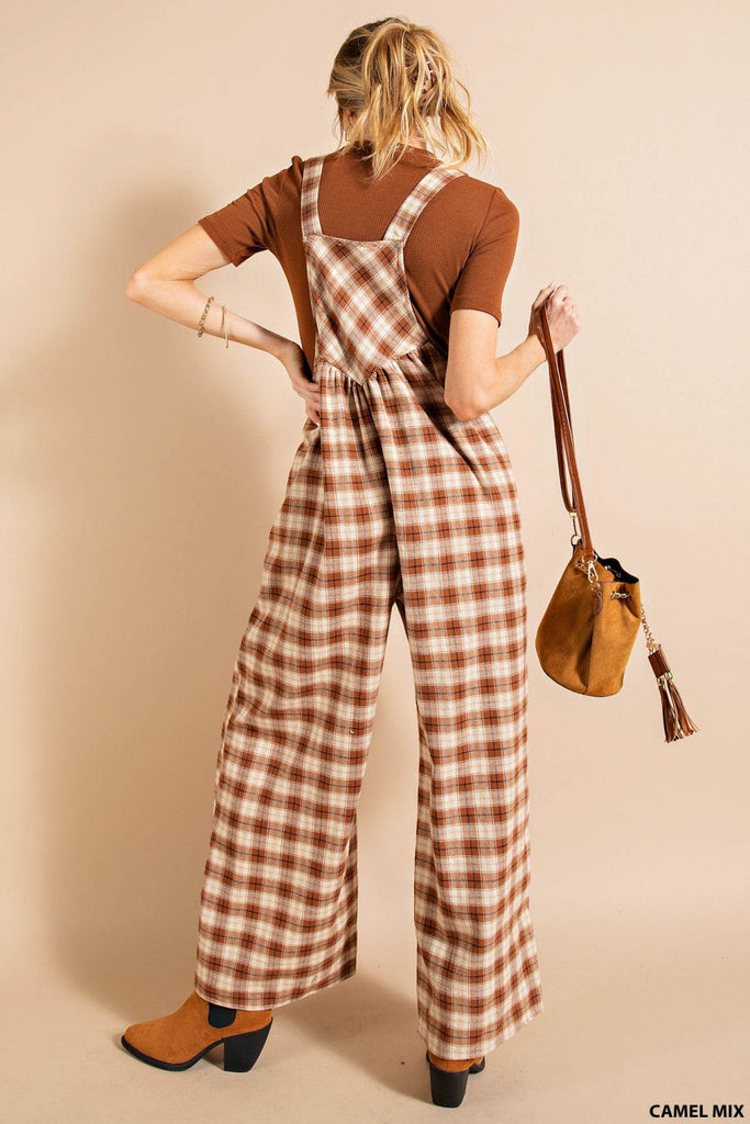 Retro Plaid Overall Jumpersuit {Camel Mix}