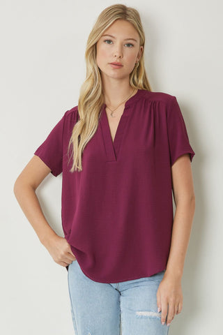 Ruched Sleeves Solid Top {Brown}