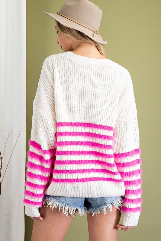 Fuzzy Hot Pink Striped Sweater {Cream} – TFL