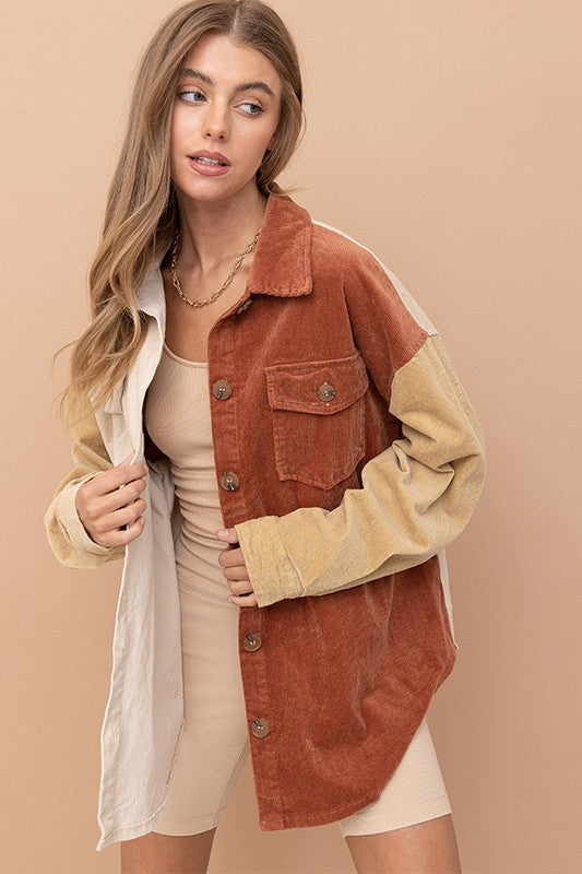Color Block Corduroy Shacket {Taupe/Rust}