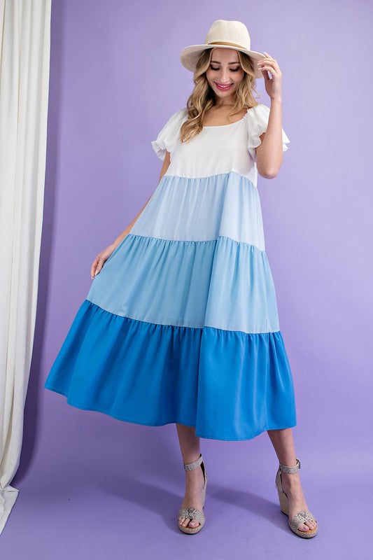 Summer Blues Midi Colorblock Dress