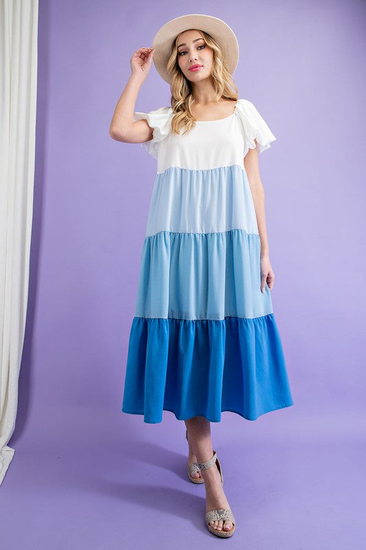 Summer Blues Midi Colorblock Dress