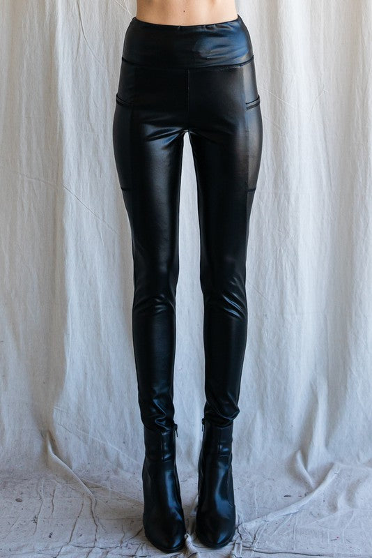 Solid Faux Leather Pocket Leggings {Black}