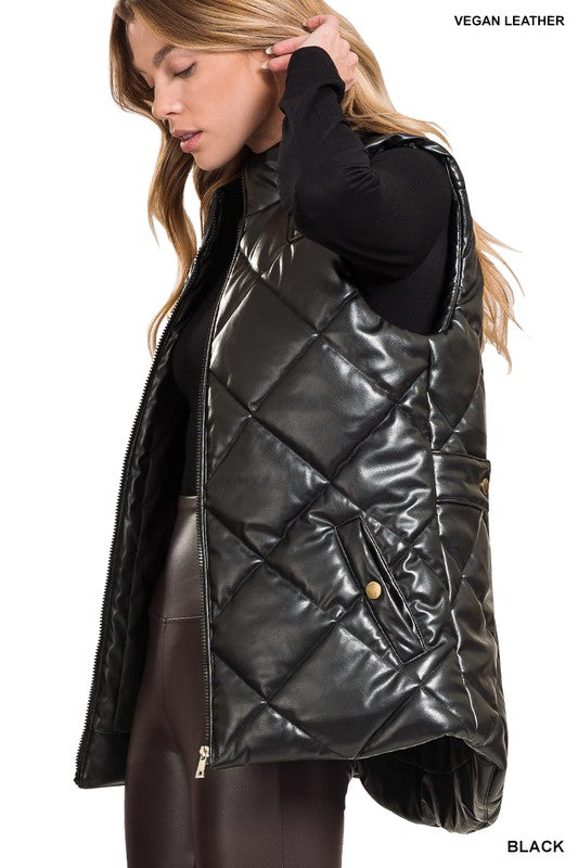 Vegan Leather Puffer Vest {Black}