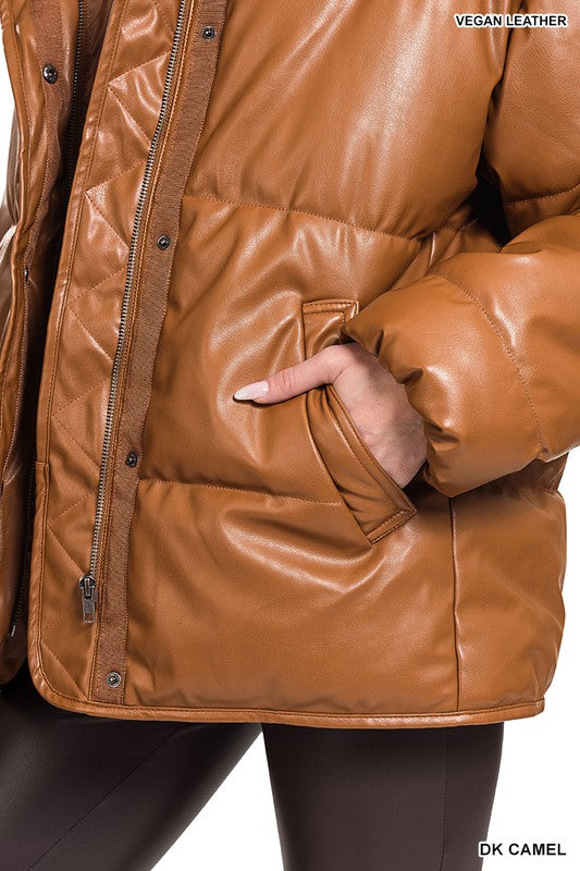 Vegan Leather Puffer Jacket {Dk. Camel}