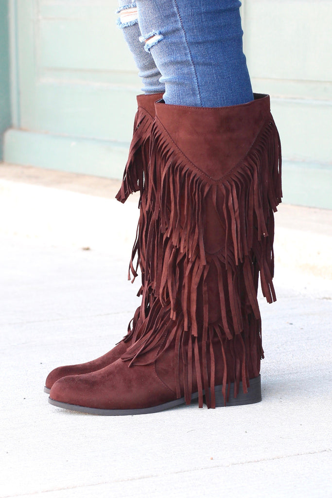 City Girl Layered Fringe Riding Boots {Brown} - The Fair Lady Boutique - 1