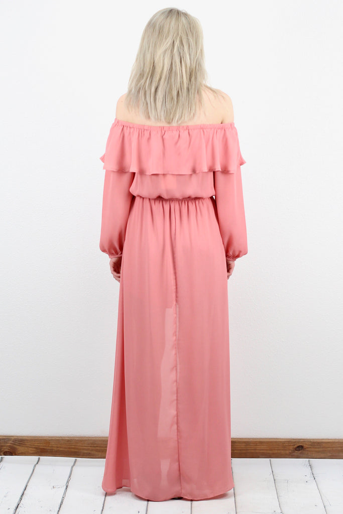 Sleeved Off Shoulder Maxi Cape Romper {Dusty Pink}
