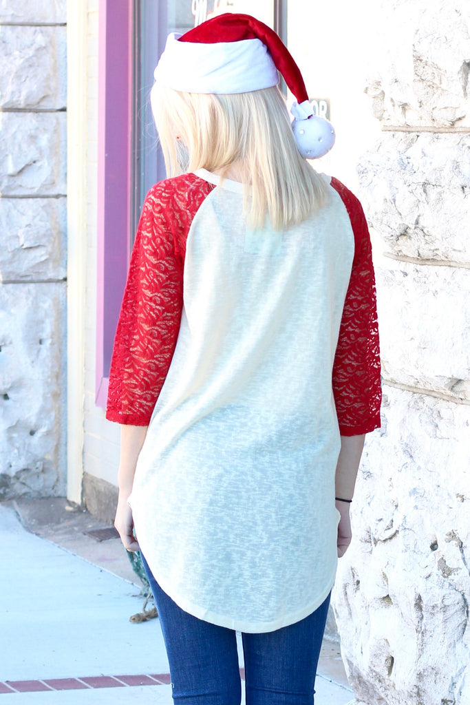 Love Christmas w/ My Tribe Lace Sleeve Raglan - The Fair Lady Boutique - 3
