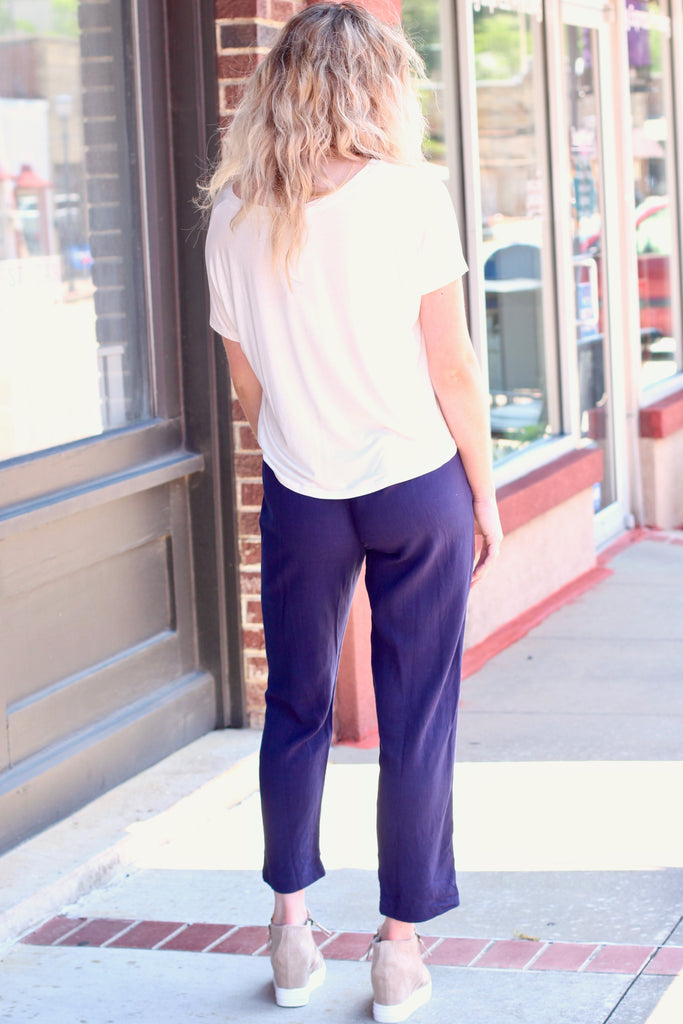Navy Office + Out Linen Blend Tapered Pants
