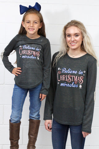 Don't Stop Believing Vintage Santa Raglan {Grey/Red} - Size SMALL