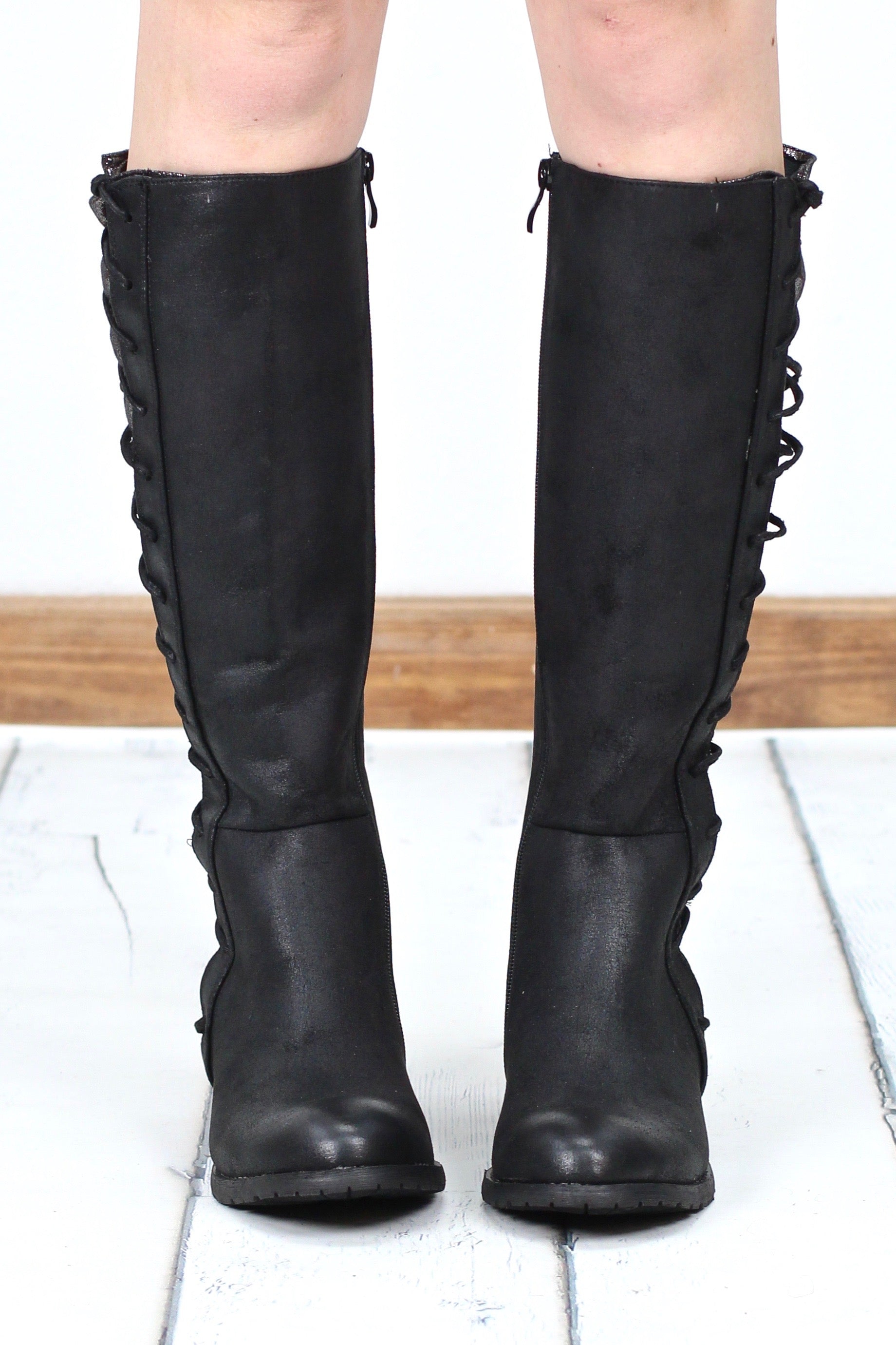 Very Volatile: Tabloid Side Corset Contrast Riding Boot {Black/Pewter ...