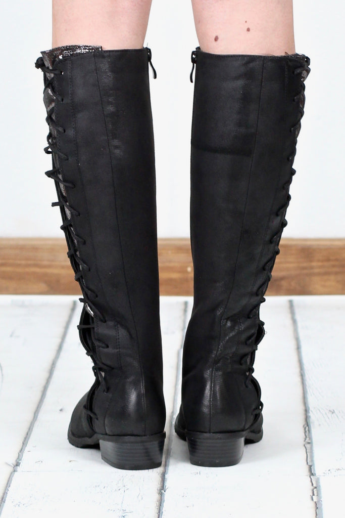 Very Volatile: Tabloid Side Corset Contrast Riding Boot {Black/Pewter}
