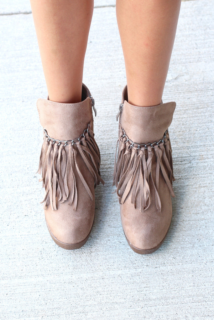 Candy Fringe Front Suede Wedge Bootie {Taupe} - The Fair Lady Boutique - 2
