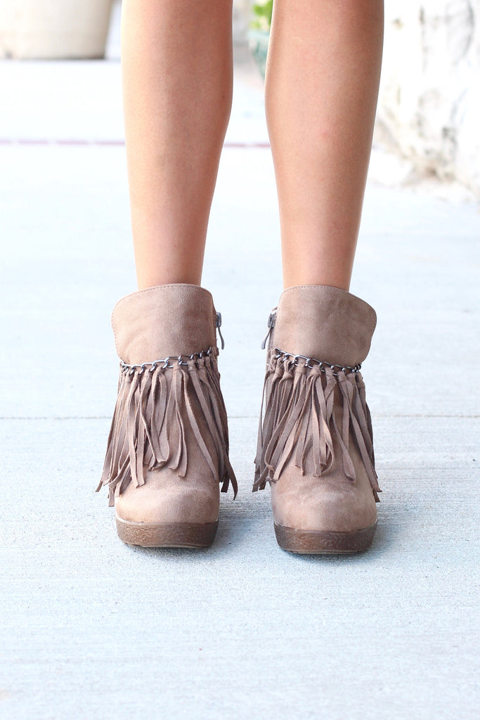 Candy Fringe Front Suede Wedge Bootie {Taupe} - The Fair Lady Boutique - 3