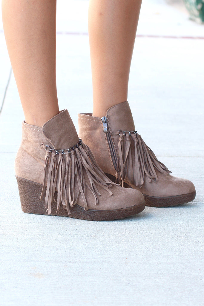 Candy Fringe Front Suede Wedge Bootie {Taupe} - The Fair Lady Boutique - 1