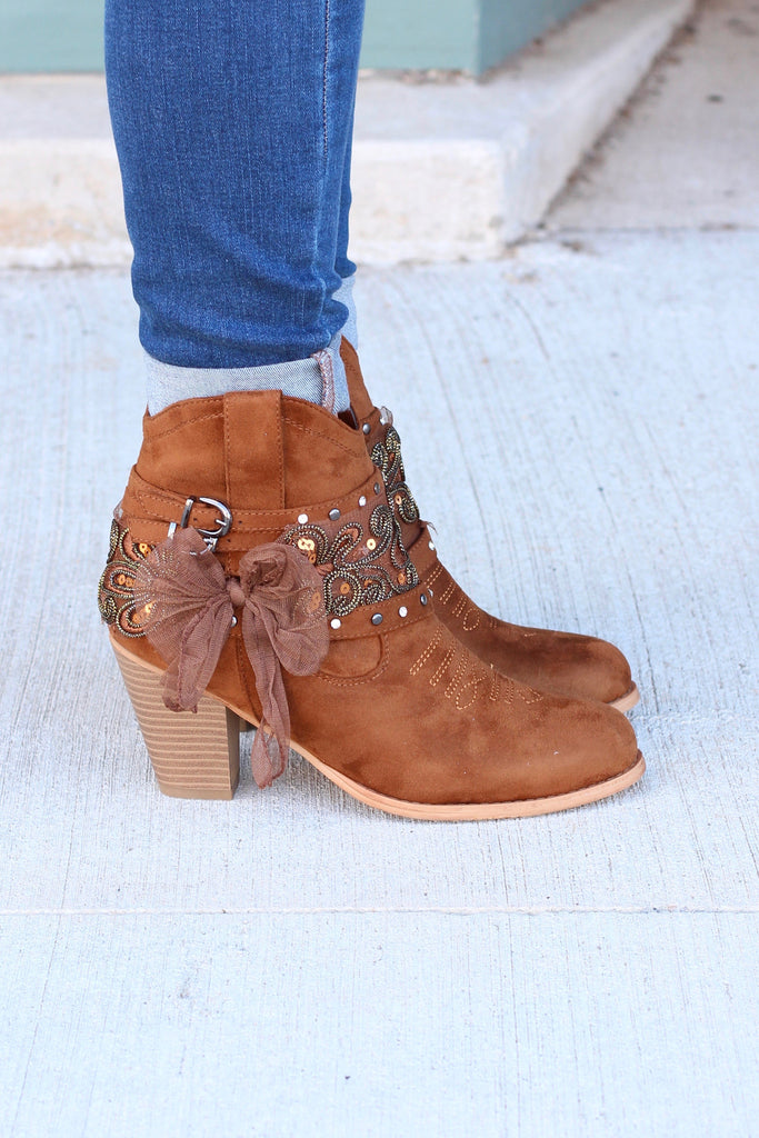 Denny Bow & Bling Wrap Heeled Bootie {Tan} - The Fair Lady Boutique - 3