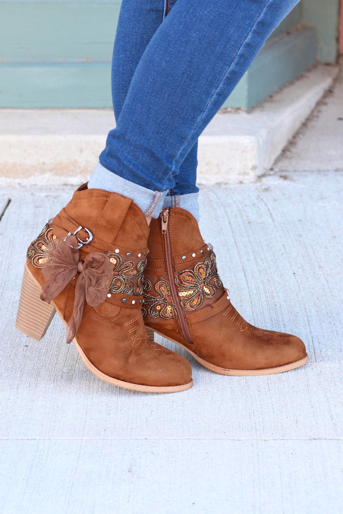 Denny Bow & Bling Wrap Heeled Bootie {Tan} - The Fair Lady Boutique - 1