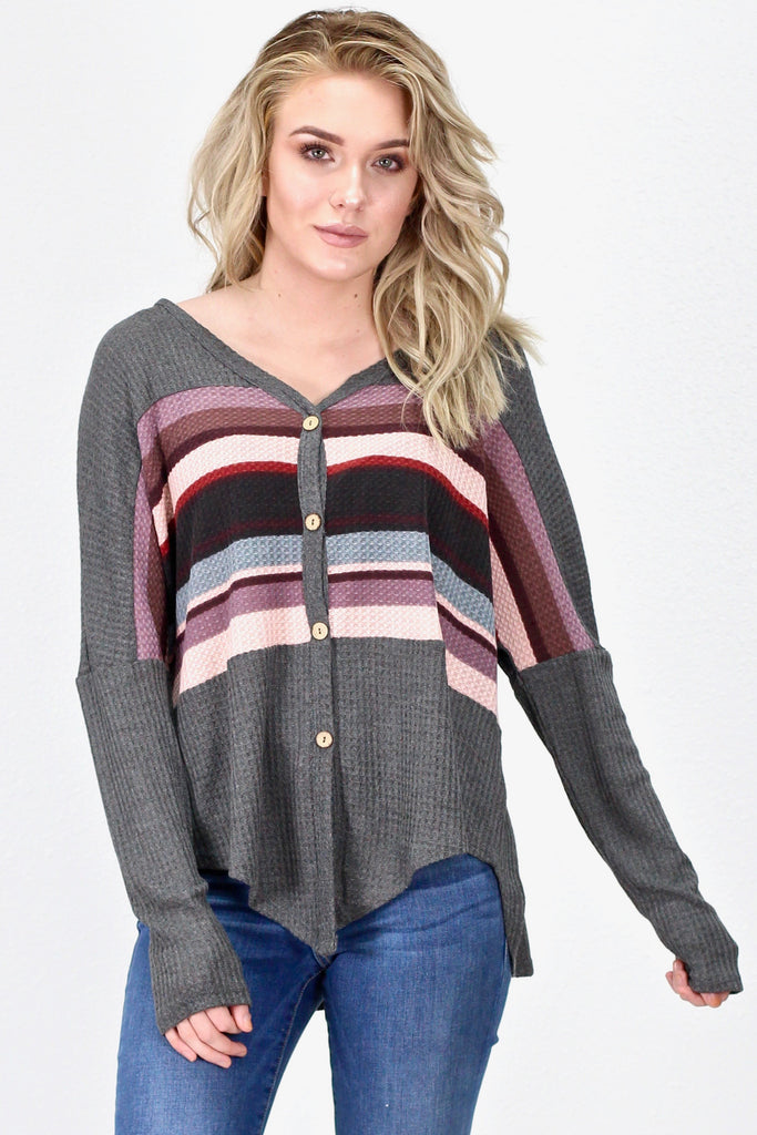 Multi-Color Striped Waffle Knit L/S {Charcoal} - Size SMALL