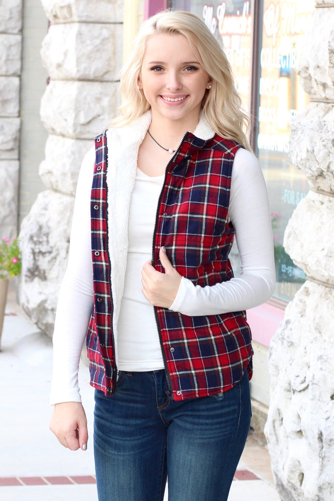 Fur Lined Plaid Puffer Vest {Red+Navy} - The Fair Lady Boutique - 1
