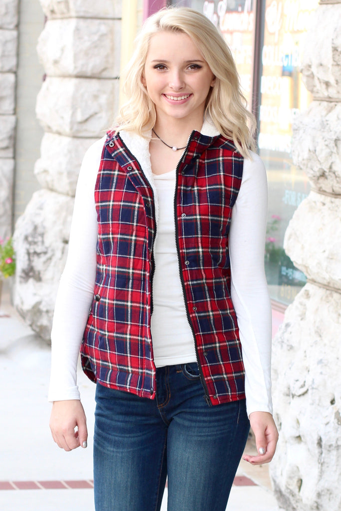 Fur Lined Plaid Puffer Vest {Red+Navy} - The Fair Lady Boutique - 2