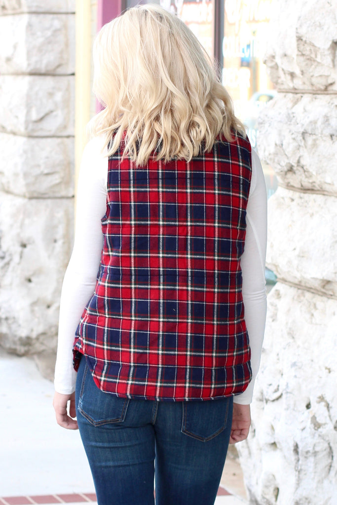 Fur Lined Plaid Puffer Vest {Red+Navy} - The Fair Lady Boutique - 5