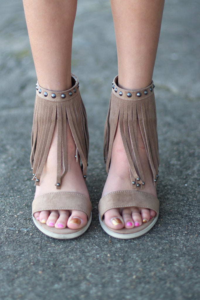 Very Volatile: Lux Fringe High Heel Sandal {Taupe} - The Fair Lady Boutique - 3
