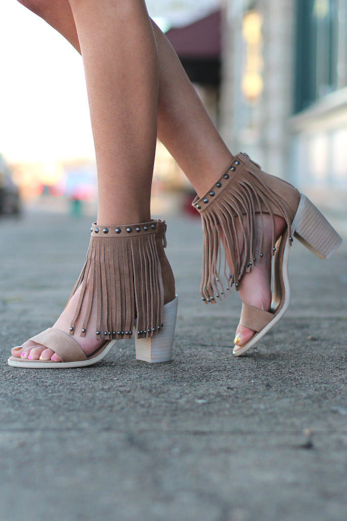 Very Volatile: Lux Fringe High Heel Sandal {Taupe} - The Fair Lady Boutique - 1