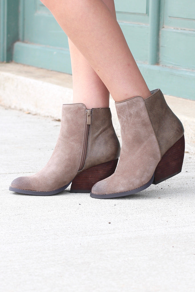 Very Volatile: Indie Suede + Leather Wedge Bootie {Taupe} - The Fair Lady Boutique - 2
