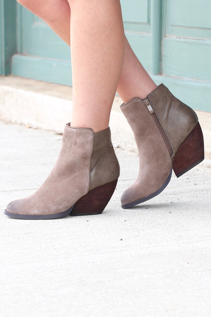 Very Volatile: Indie Suede + Leather Wedge Bootie {Taupe} - The Fair Lady Boutique - 1