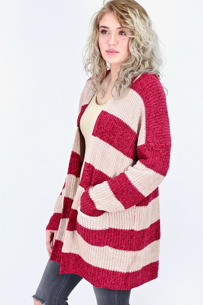 Chenille Striped Chunky Knit Cardigan {Taupe/Burgundy}