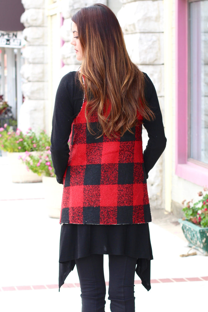Checked Out Fur Lined Vest {Red+Black} - The Fair Lady Boutique - 3