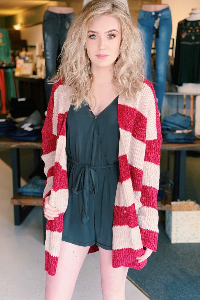 Chenille Striped Chunky Knit Cardigan {Taupe/Burgundy}
