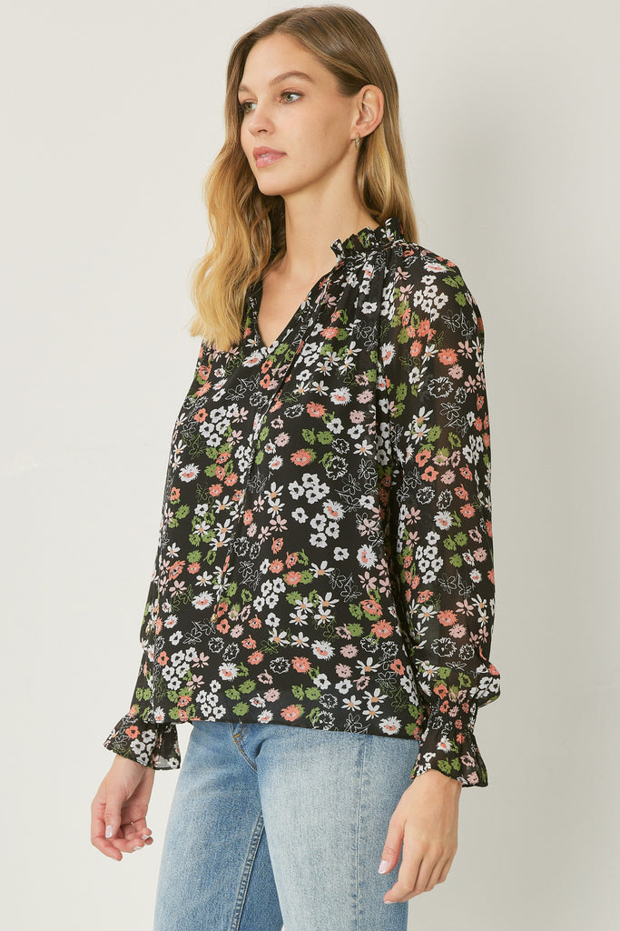 {Black Mix} Sheerly Floral Long Sleeve Blouse