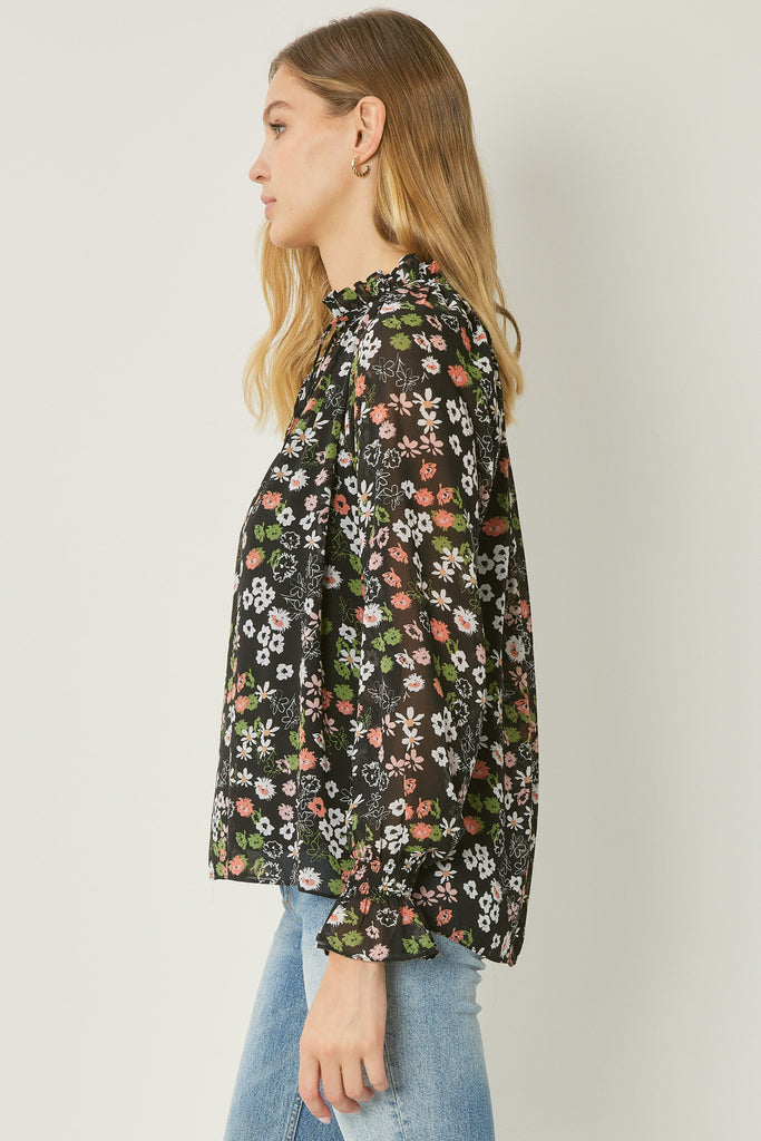 {Black Mix} Sheerly Floral Long Sleeve Blouse