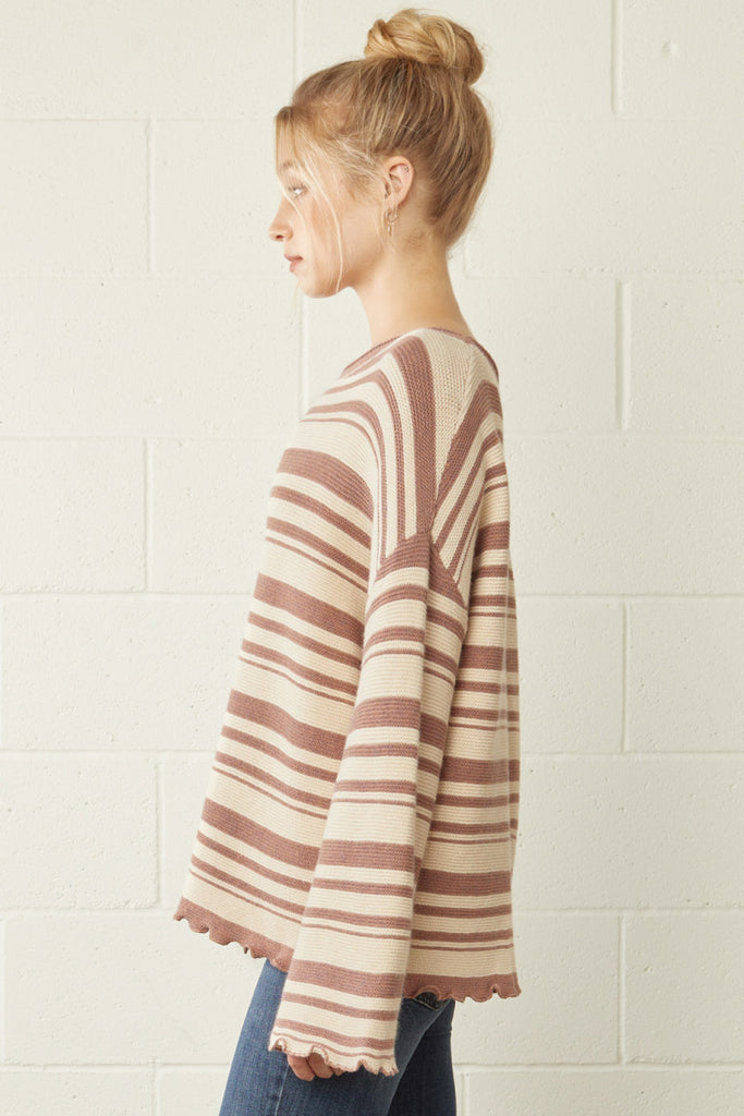 Striped Lettuce Trim Sweater {Mocha}